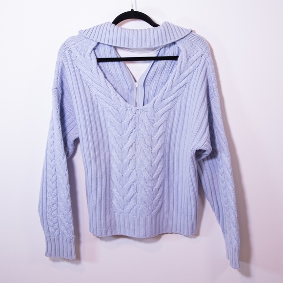 NAADAM Wool Cashmere Open Back Cable Knit Quarter Zip Pullover Sweater Blue M - Picture 5 of 5